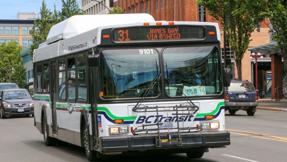 Un autobus de BC Transit circule dans la circulation, avec 31 James Bay via Oswego sur l’écran